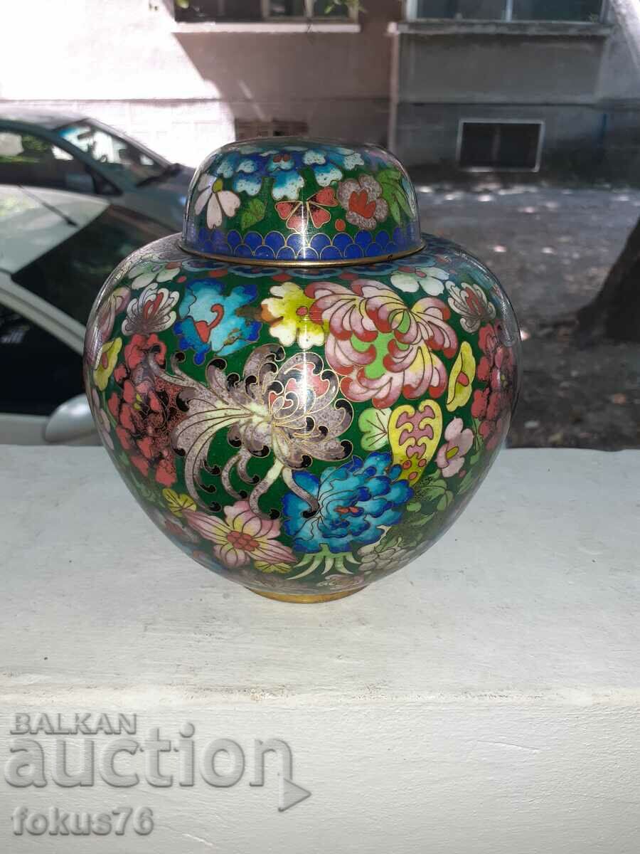 Cloisonne - A great old jar with a bronze enamel lid