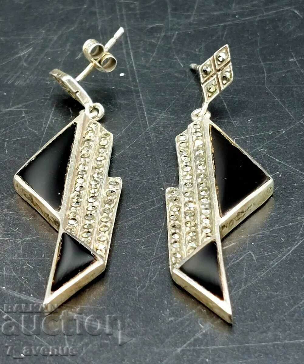 Earrings silver geometric shapes, onyx, 17.05.2024