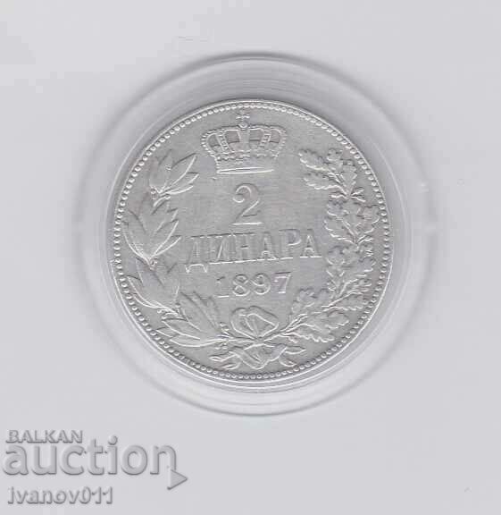 SERBIA - 2 DINARS - 1897 - SILVER - EXCELLENT