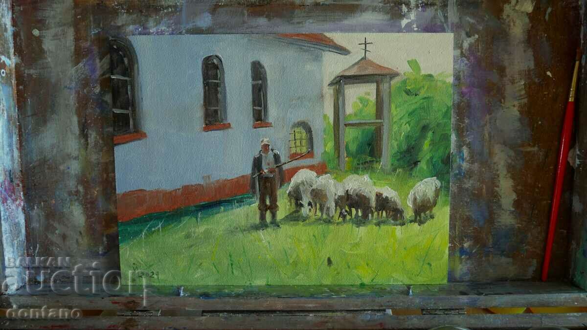 Pictura in ulei - Ciobanesc - satul Karavelovo - Peisaj rural