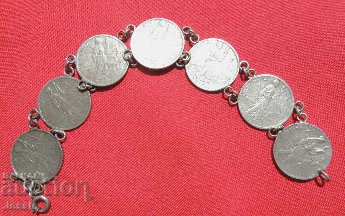 Women's jewelry bracelet of silver coins of 1 Romanian lei