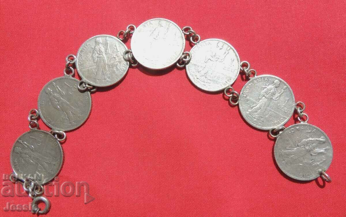 Women's jewelry bracelet of silver coins of 1 Romanian lei Women's jewelry bracelet of silver coins of 1 Romanian lei
