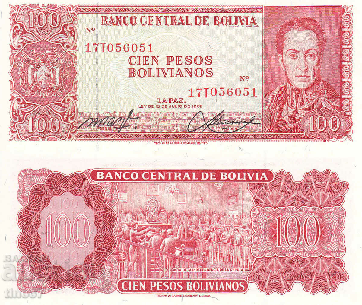 tino37- BOLIVIA - 100 PESOS BOLIVIANOS - 1962 - UNC