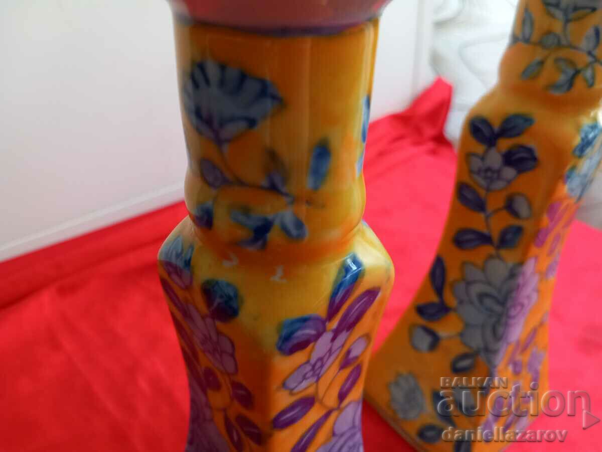 Auction Unique Old Painted Porcelain Candlesticks Auction Unique Old Painted Porcelain Candlesticks