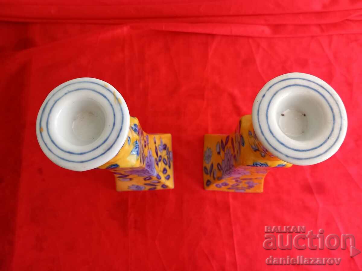 Delivery of Unique Old Painted Porcelain Candlesticks Delivery of Unique Old Painted Porcelain Candlesticks
