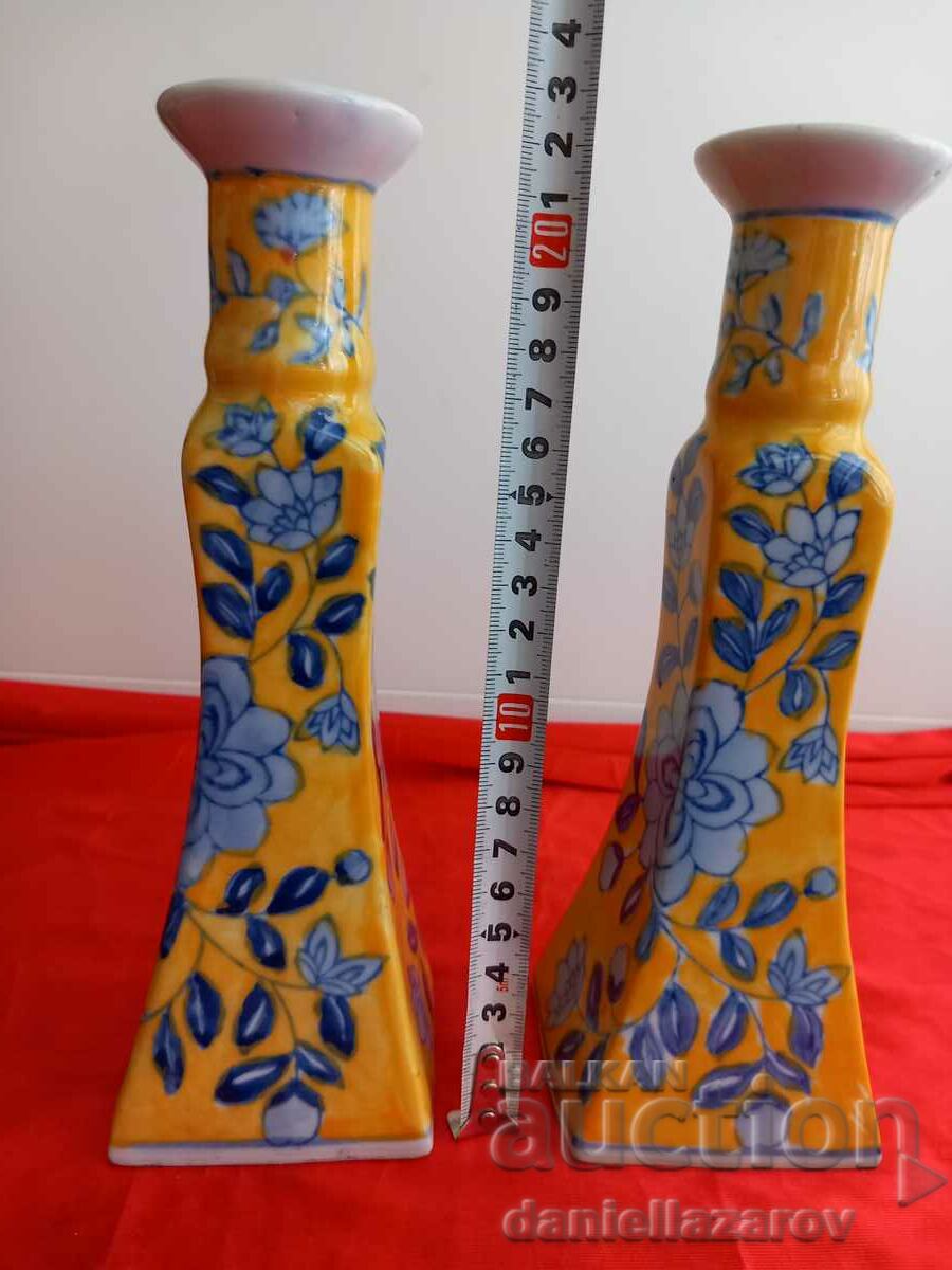 Unique Old Painted Porcelain Candlesticks - 5 Unique Old Painted Porcelain Candlesticks - 5