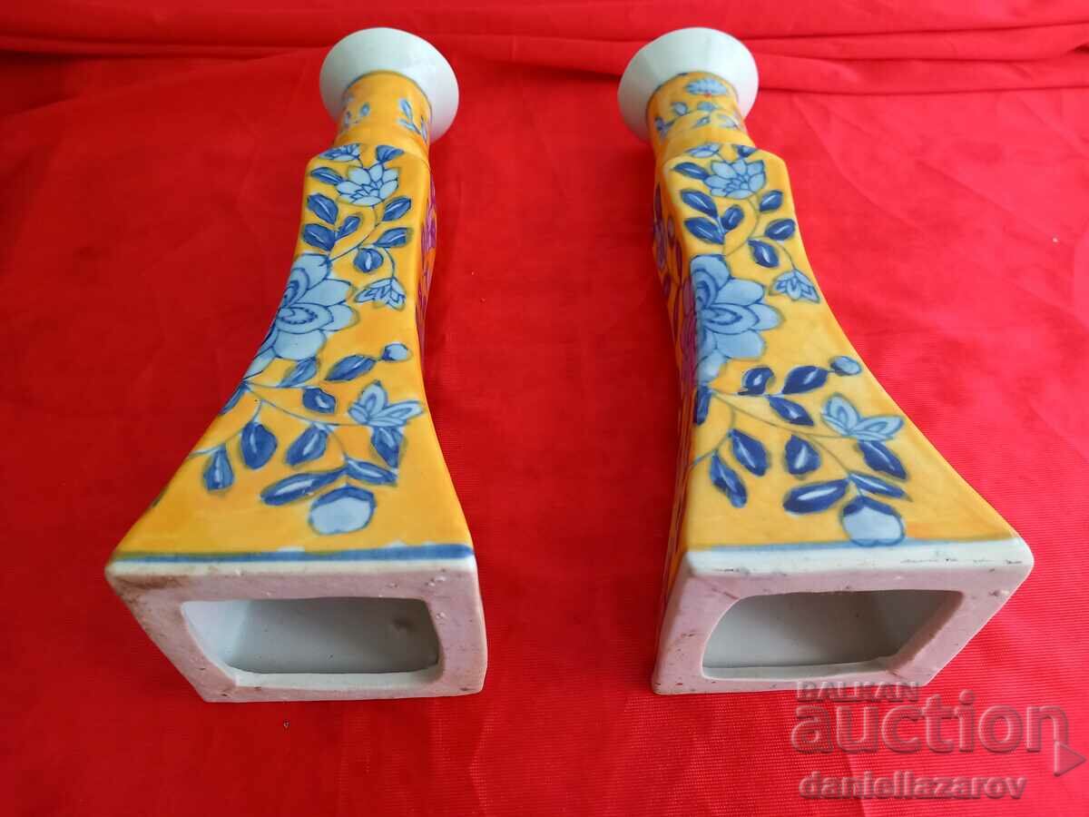 Unique Old Painted Porcelain Candlesticks - 6 Unique Old Painted Porcelain Candlesticks - 6