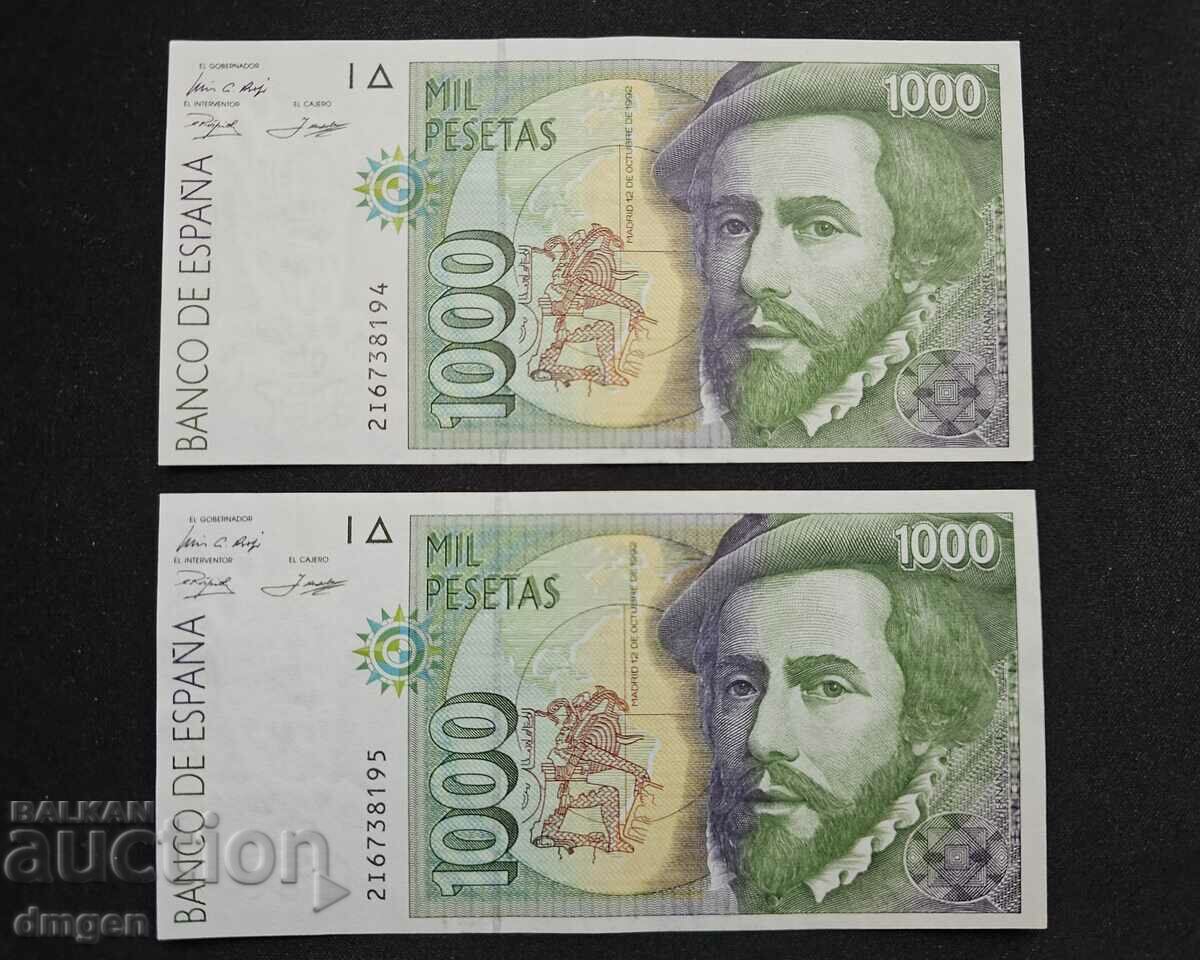 2 x 1000 pesetas Spania 1992 consecutiv