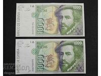 2 x 1000 pesetas Spain 1992 consecutive