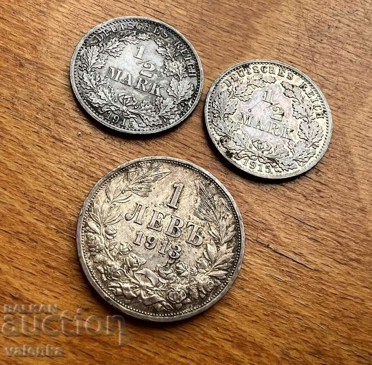 Imperial Silver Coins 1/2 German Mark 1915 and 1913. 1 Lev