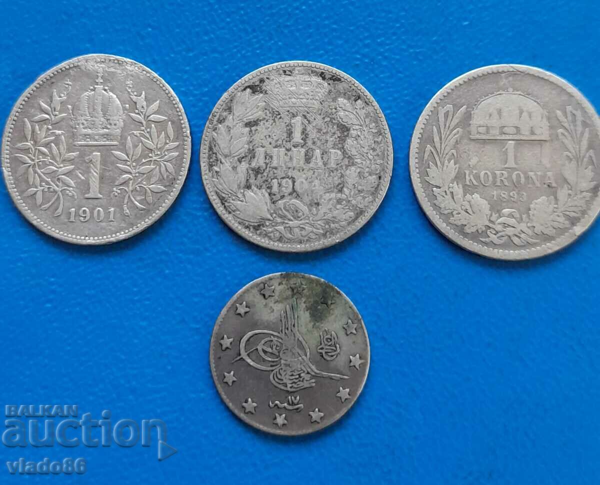 4 сребърни монети, 1 корона, 1 динар, 2 куруша