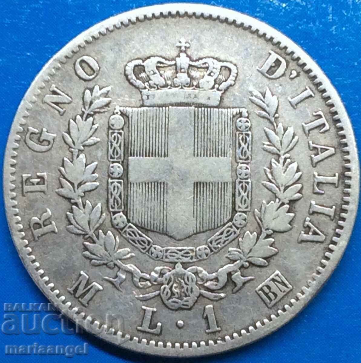 Италия 1 лира  Герб 1863 М - Милан  сребро