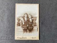 Стара снимка картон Адолф Бронфен 1890 деца с кукла