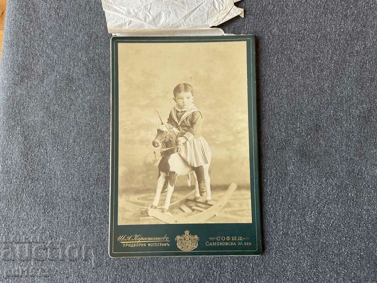 Παλιό φωτογραφικό χαρτόνι Ιβ. A. Karastoyanov 1890 παιδί σε άλογο