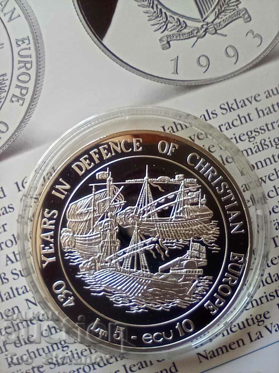 5 лири/ 10 екю 1993 Малта сребро със сертификат