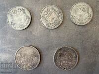 Лот български сребърни монети 100 лева 5 лв 1884 1885 1930