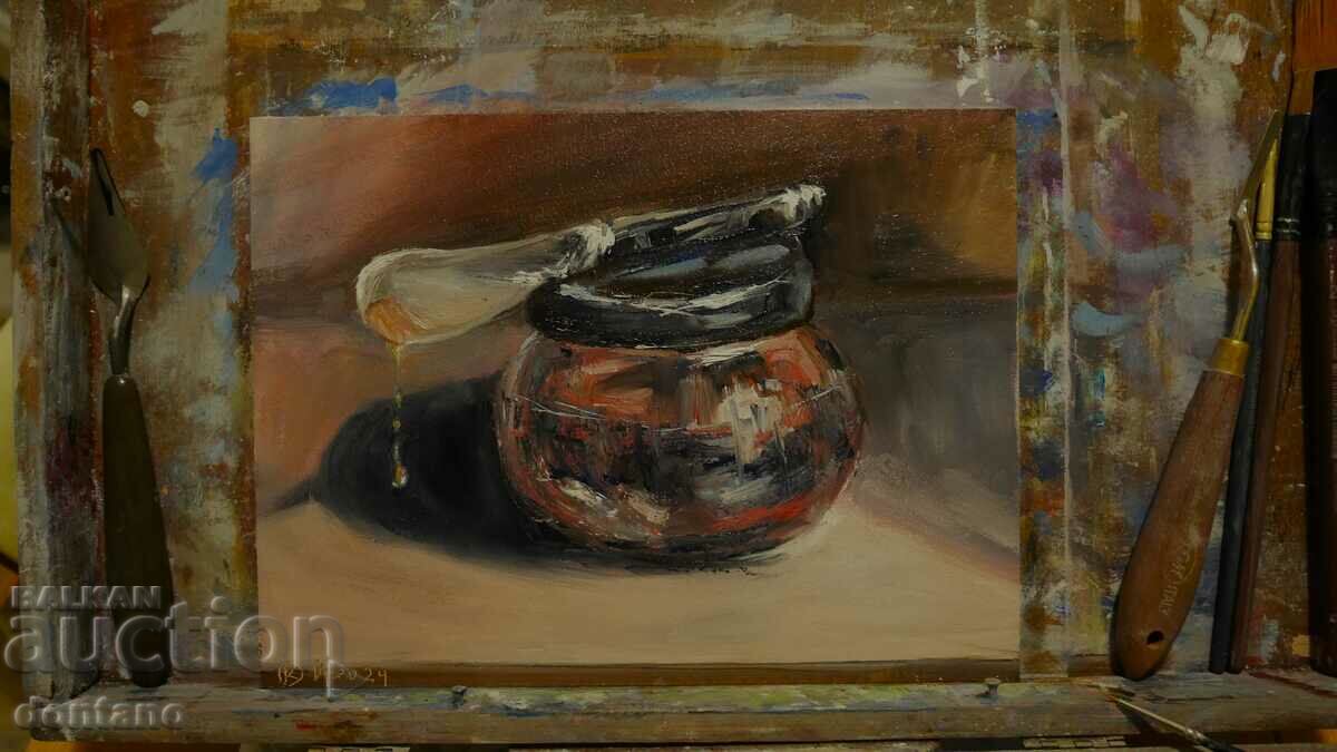 Still life oil painting - Jar of jam and knife