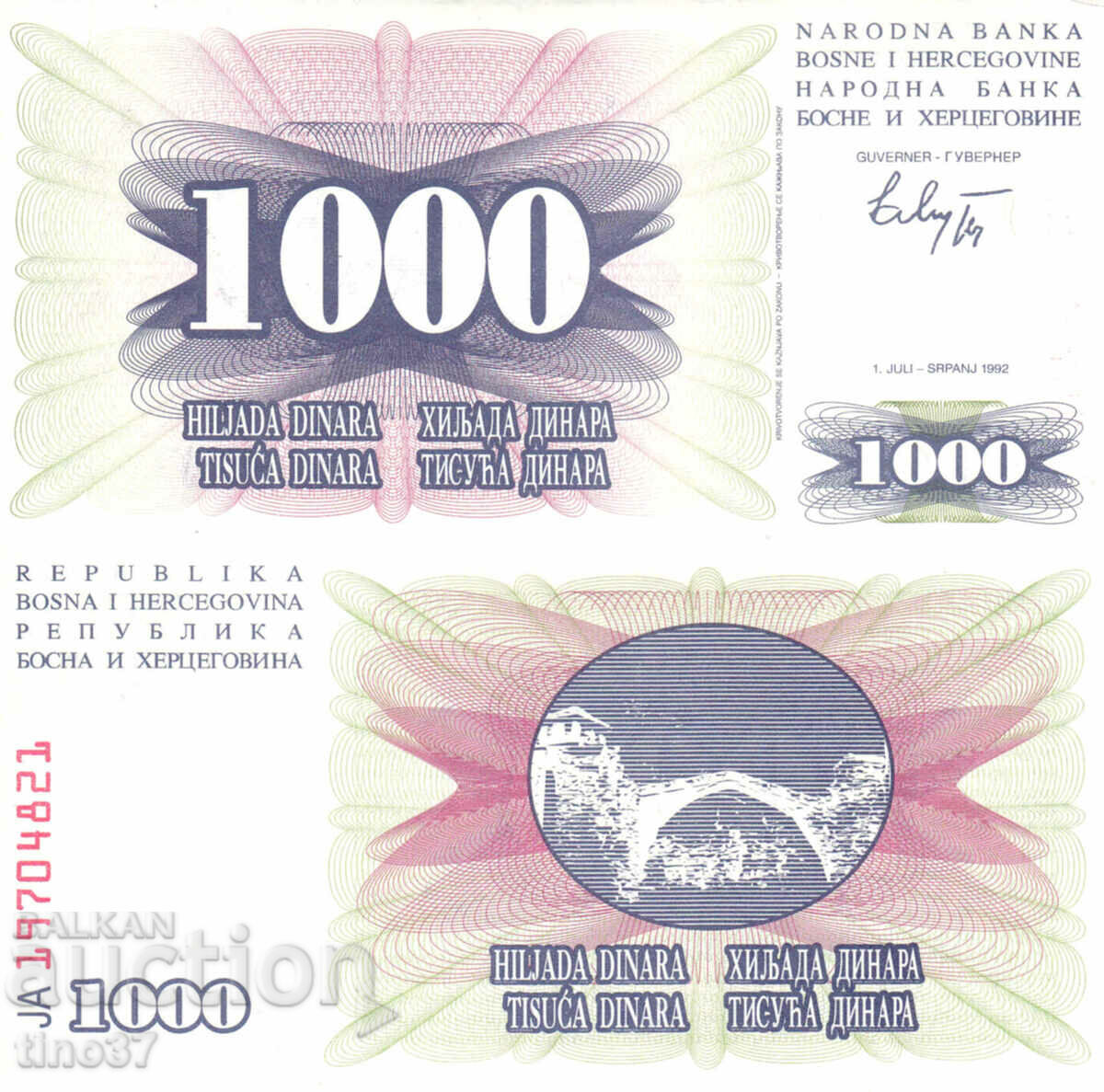 tino37- BOSNIA AND HERZEGOVINA - 1000 DINARS - 1992 - UNC