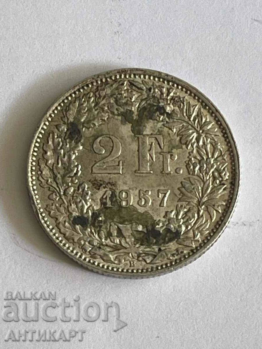 monedă de argint 2 franci Elveția argint 1957