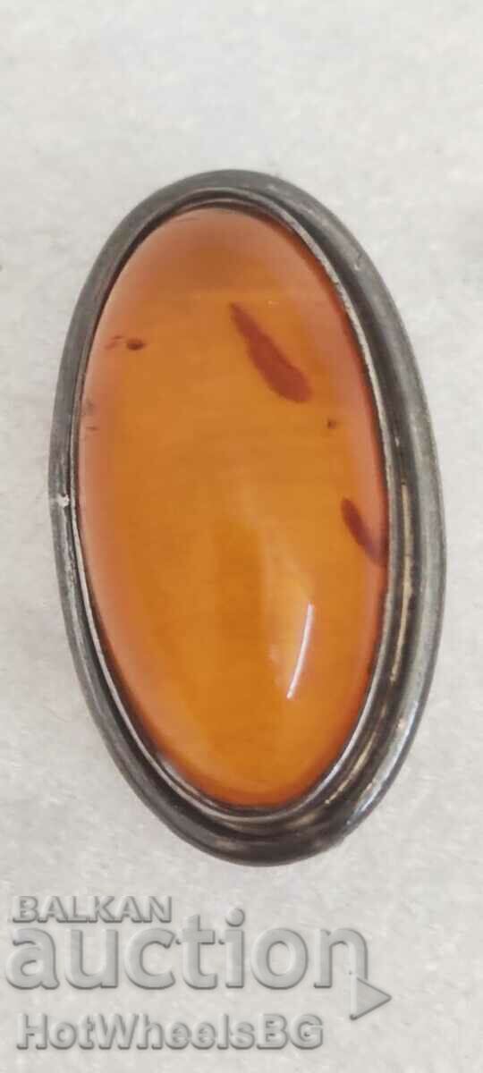Ασημένια (μενταγιόν) καρφίτσα με κεχριμπάρι - Ασήμι 925