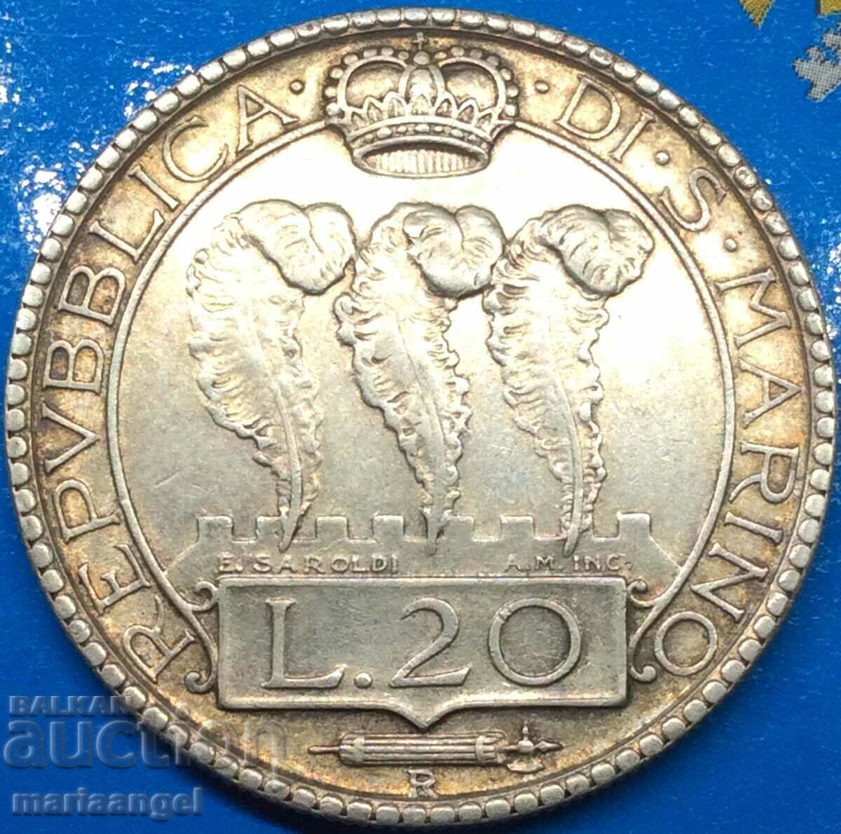 20 лири Сан Марино 1932 сребро златна патина