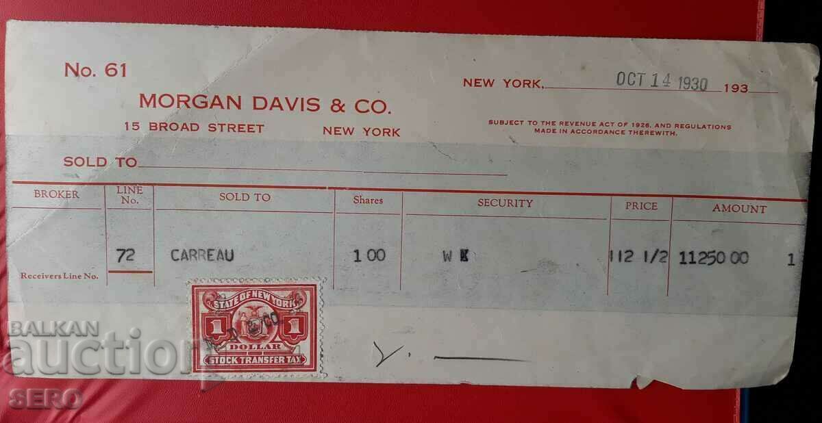 SUA - Chitanța Bursei din New York 1930