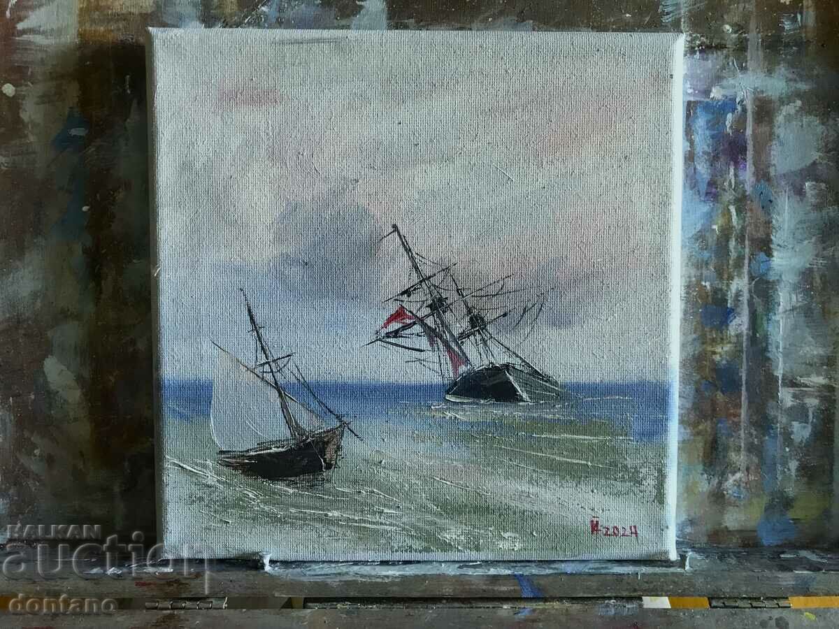 Живопис маслена картина- Морски пейзаж-Кораби по Айвазовски