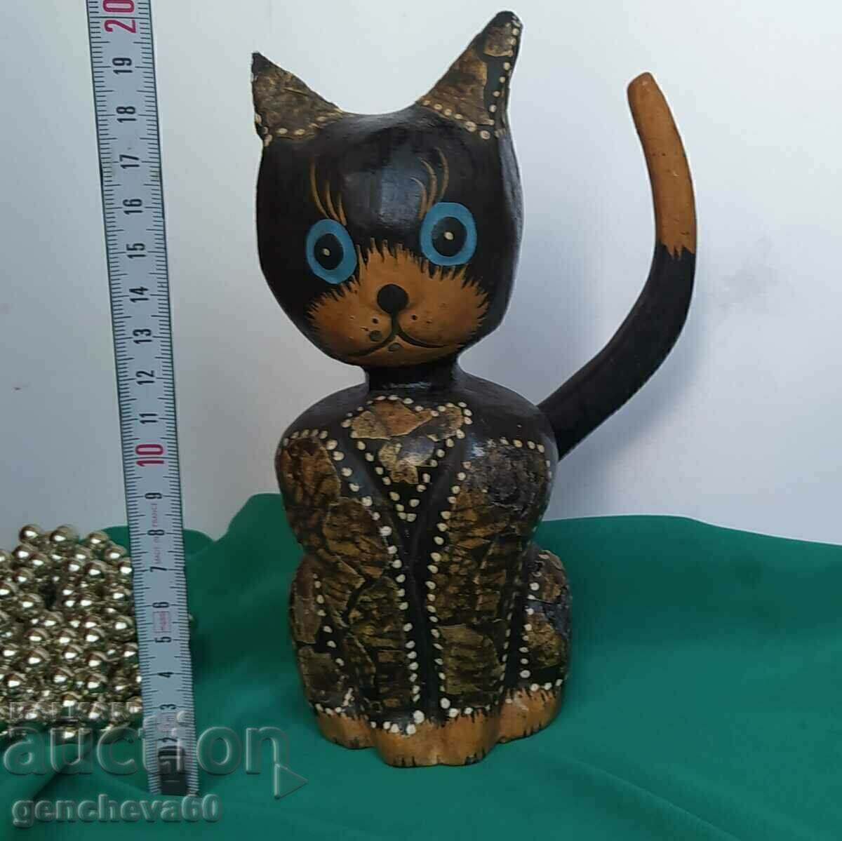 Hand carved vintage wooden kitten figure