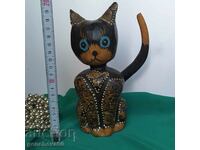 Hand carved vintage wooden kitten figure