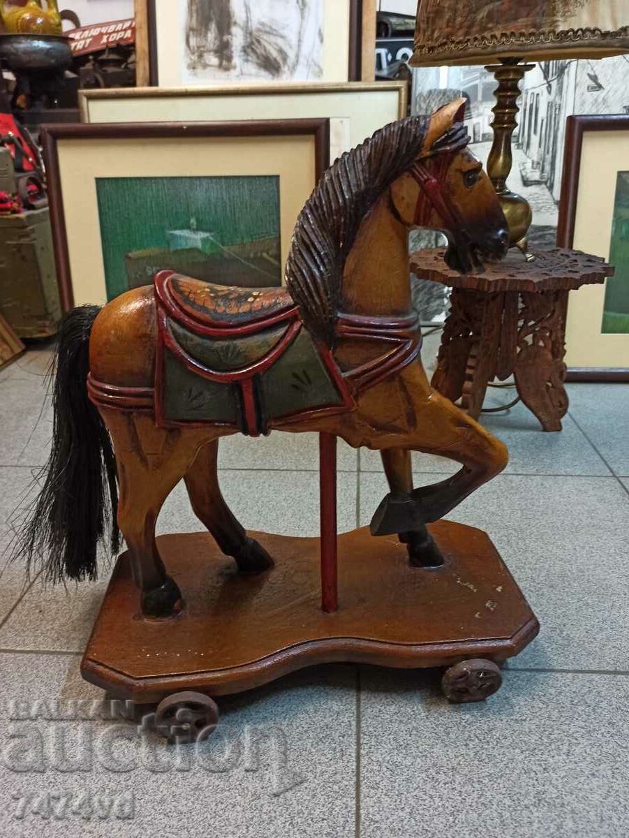 ANTIQUE WOODEN TOY HORSE WITH WHEELS 1930-40
