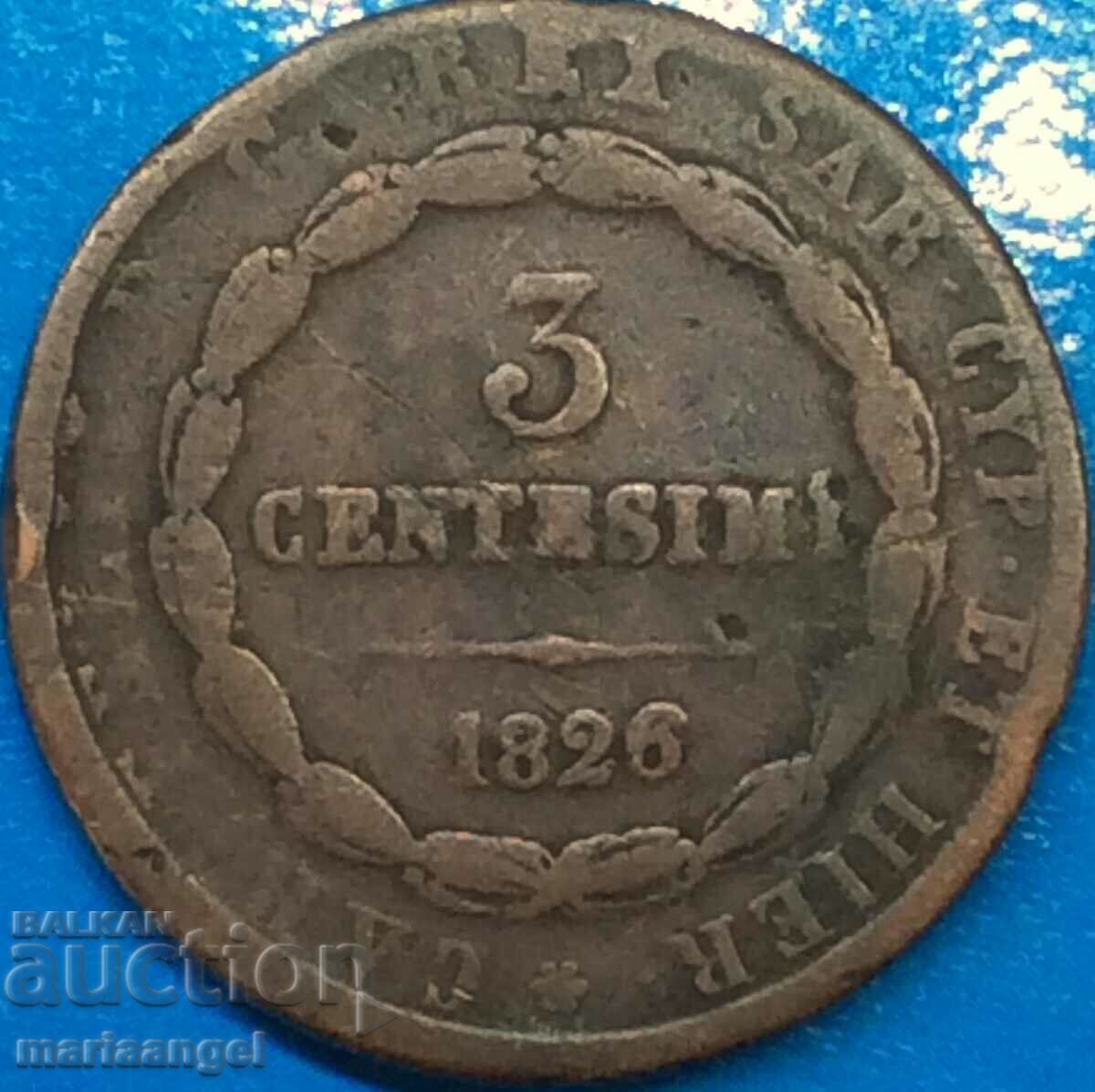Sardinia 3 centesimi 1826 Italia Carlo Felice 5,49g