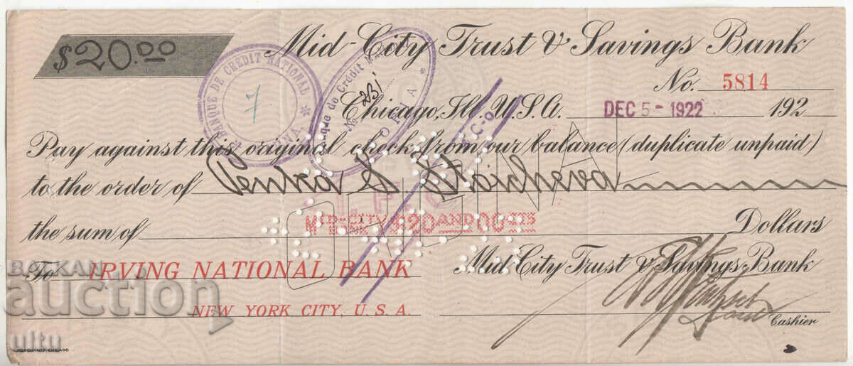 Bulgaria - USA, 20 USD check, stamp, 1922