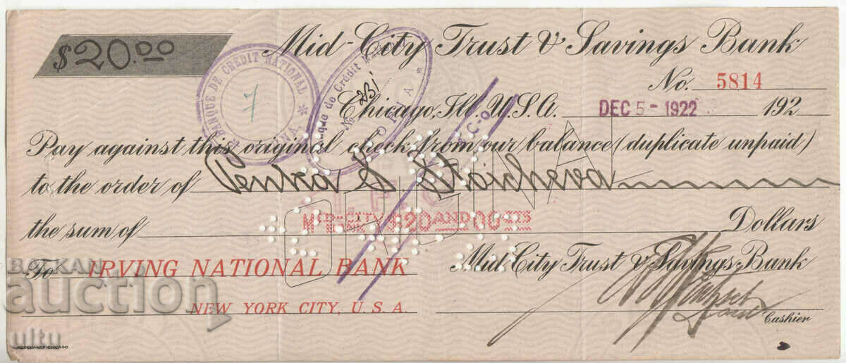 Bulgaria - USA, 20 USD check, 1922