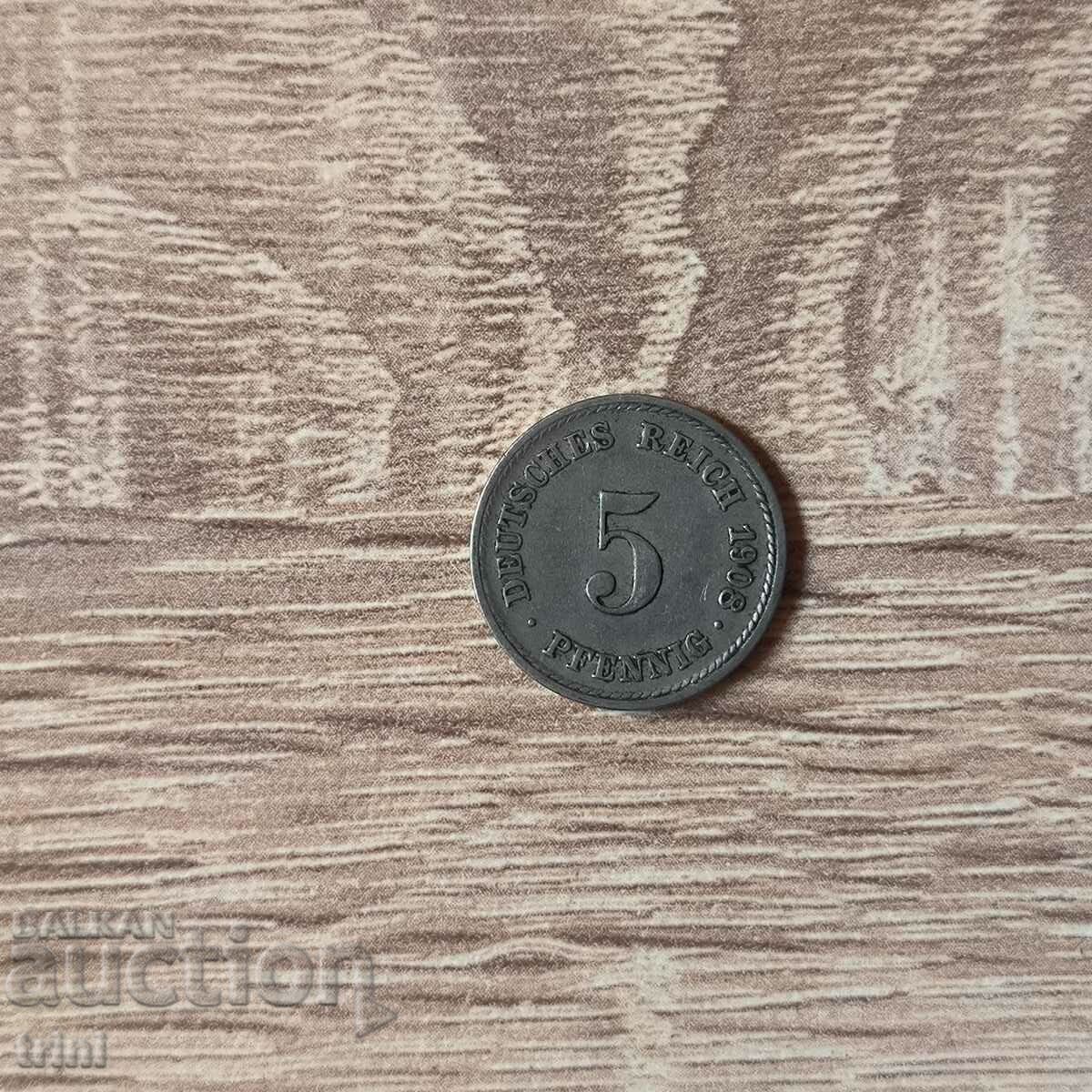 Γερμανία 5 pfennig 1908 έτος 'F' - Στουτγάρδη