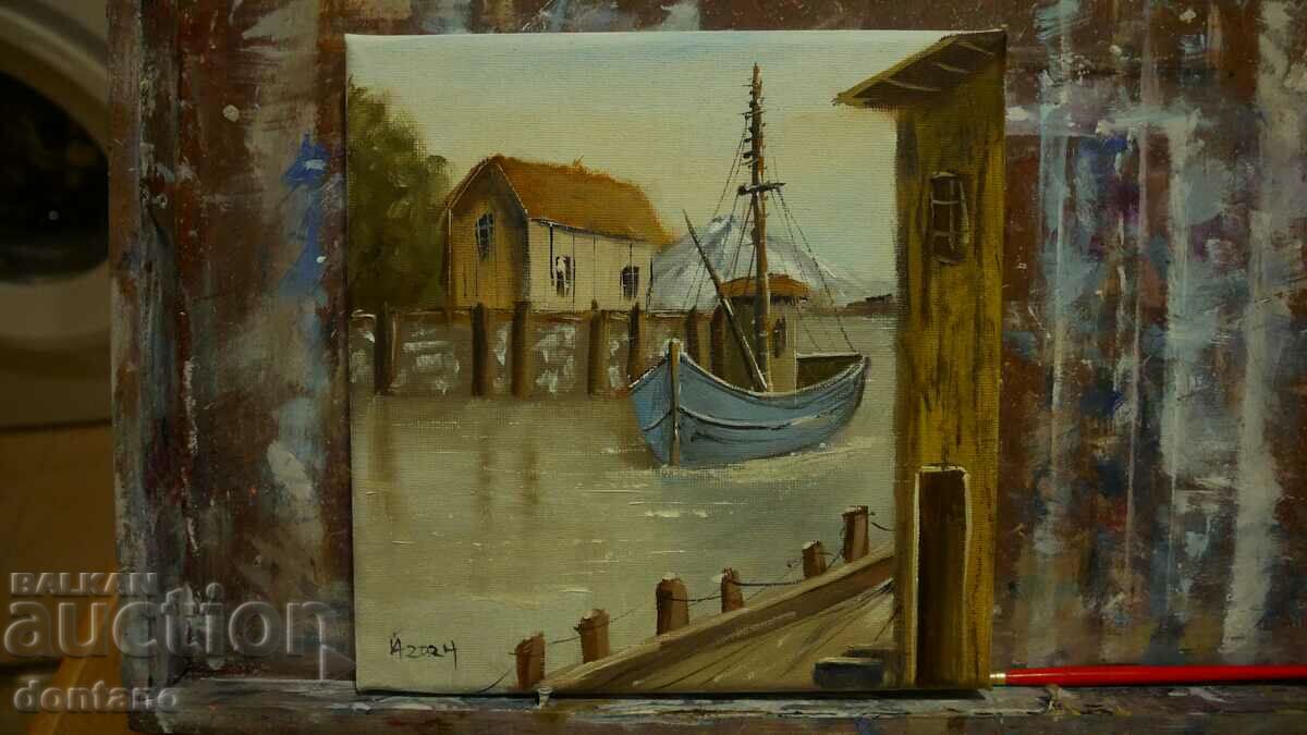 Маслена картина- Морски пейзаж-  Пристанищен град - Лодка