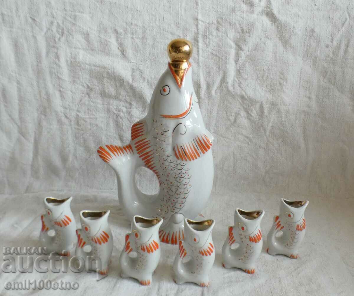 FISH set Jug bottle + 6 fish-shaped cups USSR porcelain with price 80.00 BGN | € 40.90 FISH set Jug bottle + 6 fish-shaped cups USSR porcelain with price 80.00 BGN | € 40.90