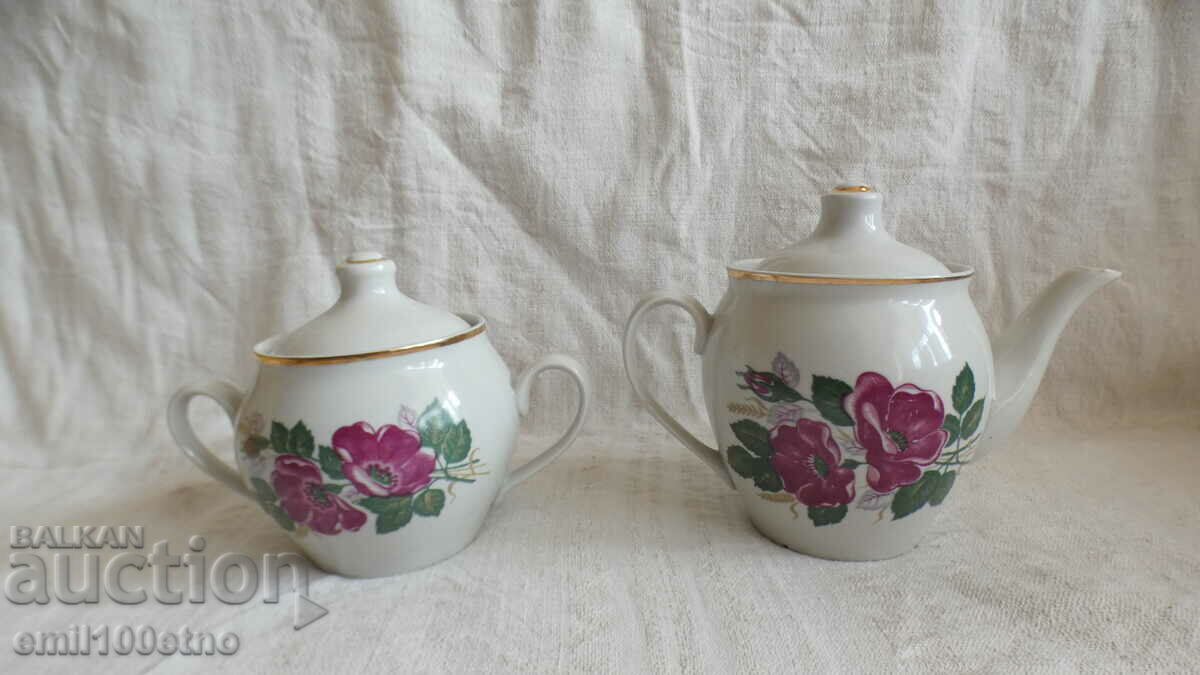 Set of sugar bowl and teapot, old USSR porcelain