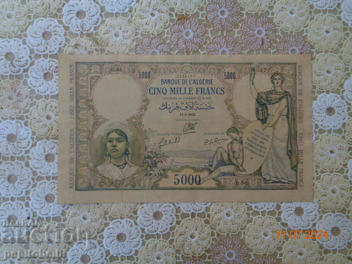 Licitație Algeria destul de rară 1942 5.000 franci .- bancnotă Copie