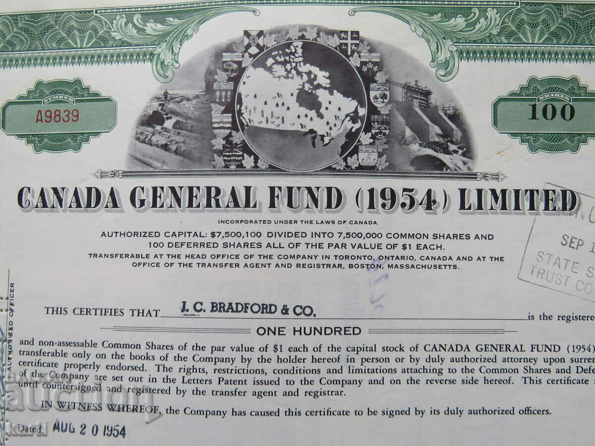 ACȚIUNE - CANADA GENERAL FUND - 1954 - EXCELENTĂ + cu preț € 11.99 | 23.45 BGN