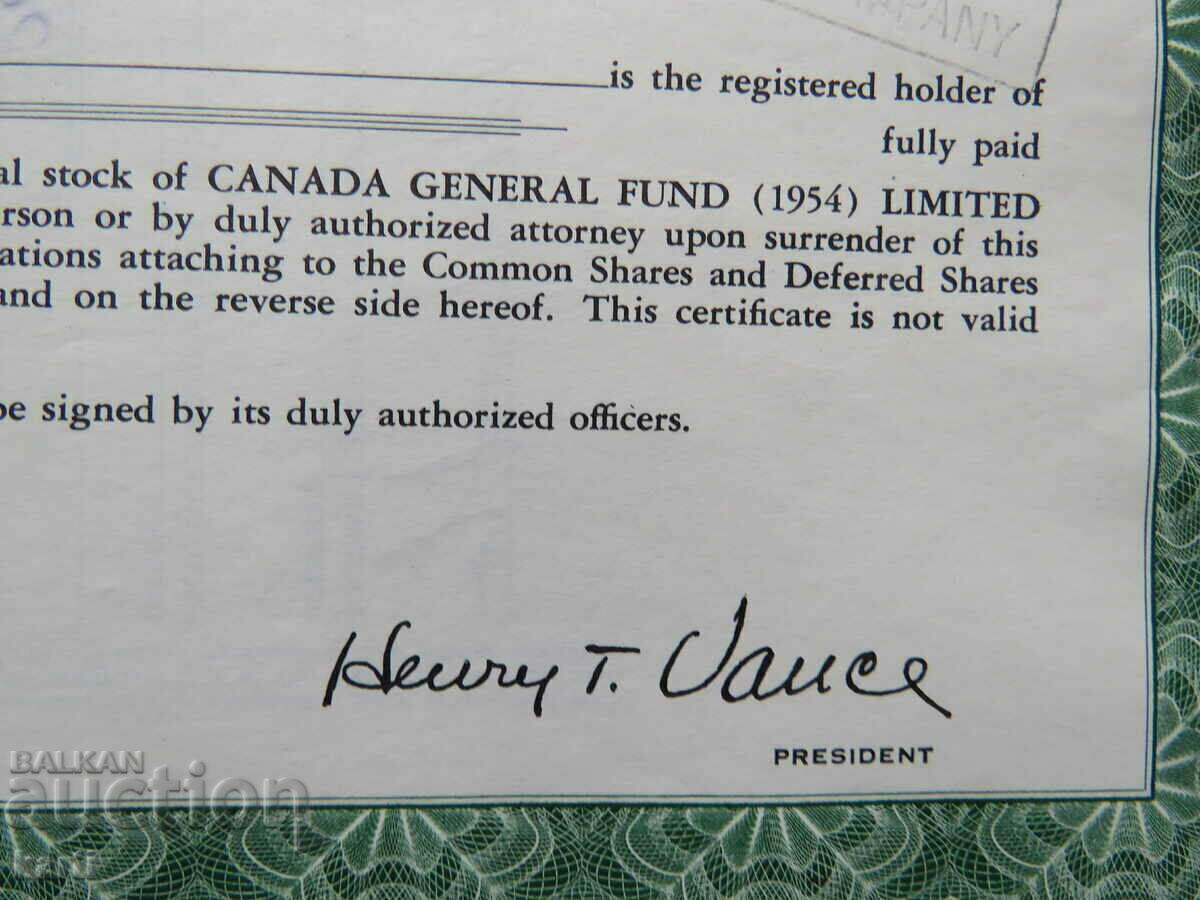Licitație ACȚIUNE - CANADA GENERAL FUND - 1954 - EXCELENTĂ +