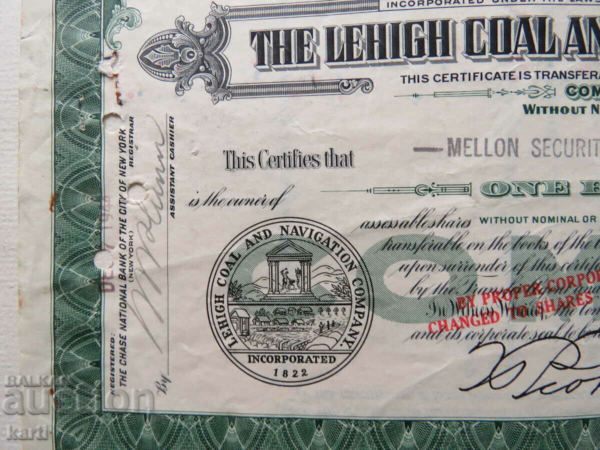 Delivery of STOCK - USA - The Lehigh Coal and Navigation Company - 1937