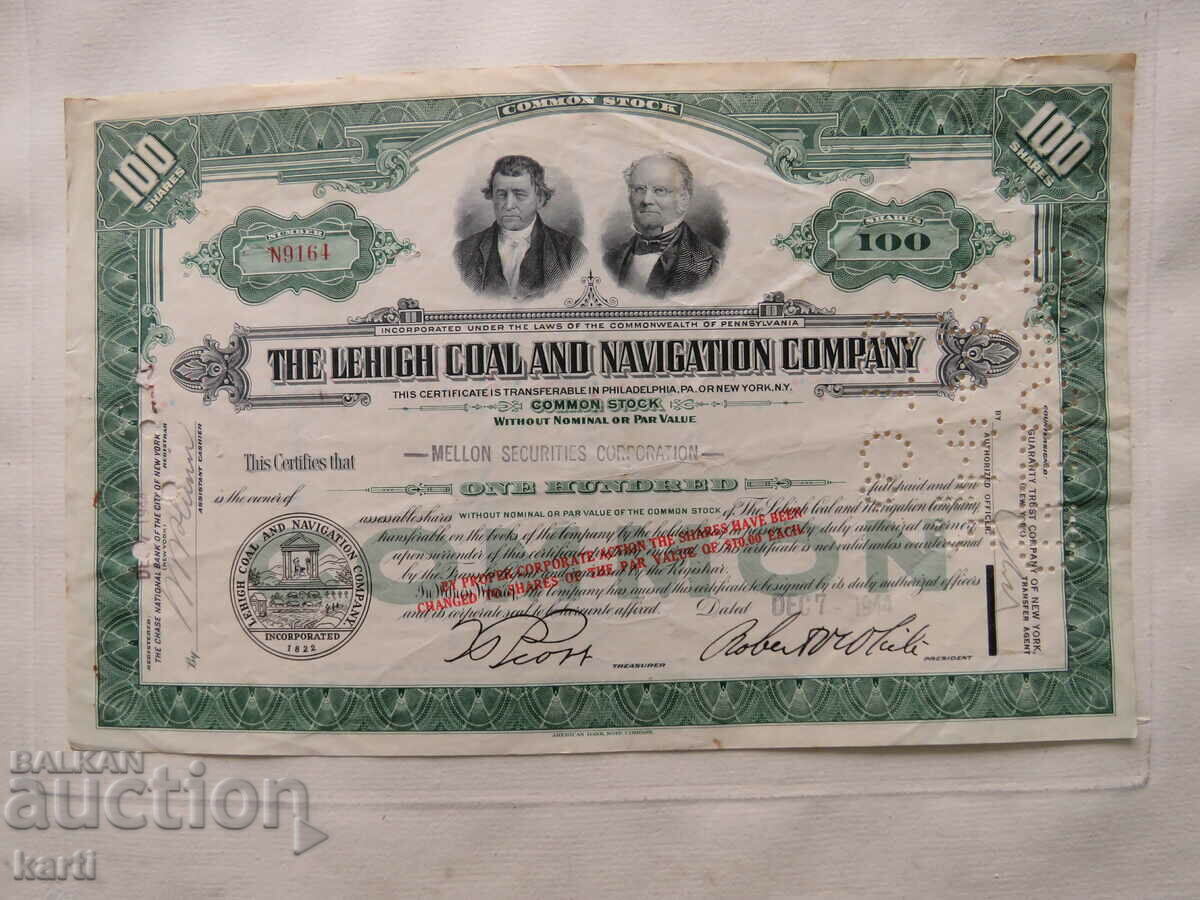 АКЦИЯ - САЩ - The Lehigh Coal and Navigation Company - 1937