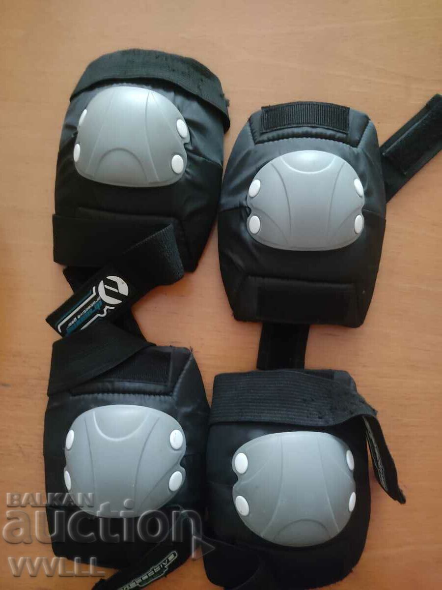 Knee pads, elbow pads and helmet.