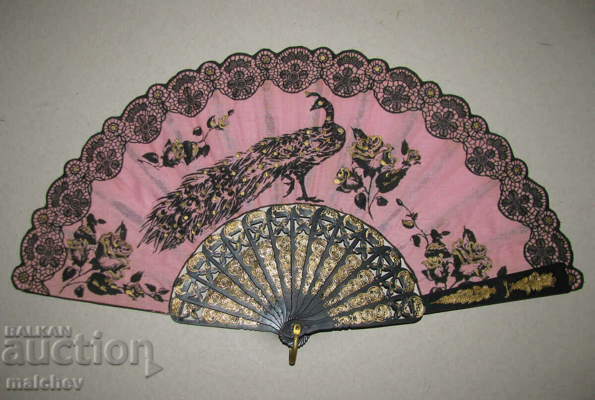 Old Peacock fan, plastic and printed textile, excellent