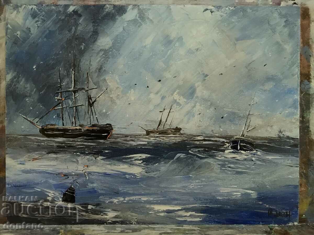 Pictură în ulei - Peisaj marin - Nave pe mare
