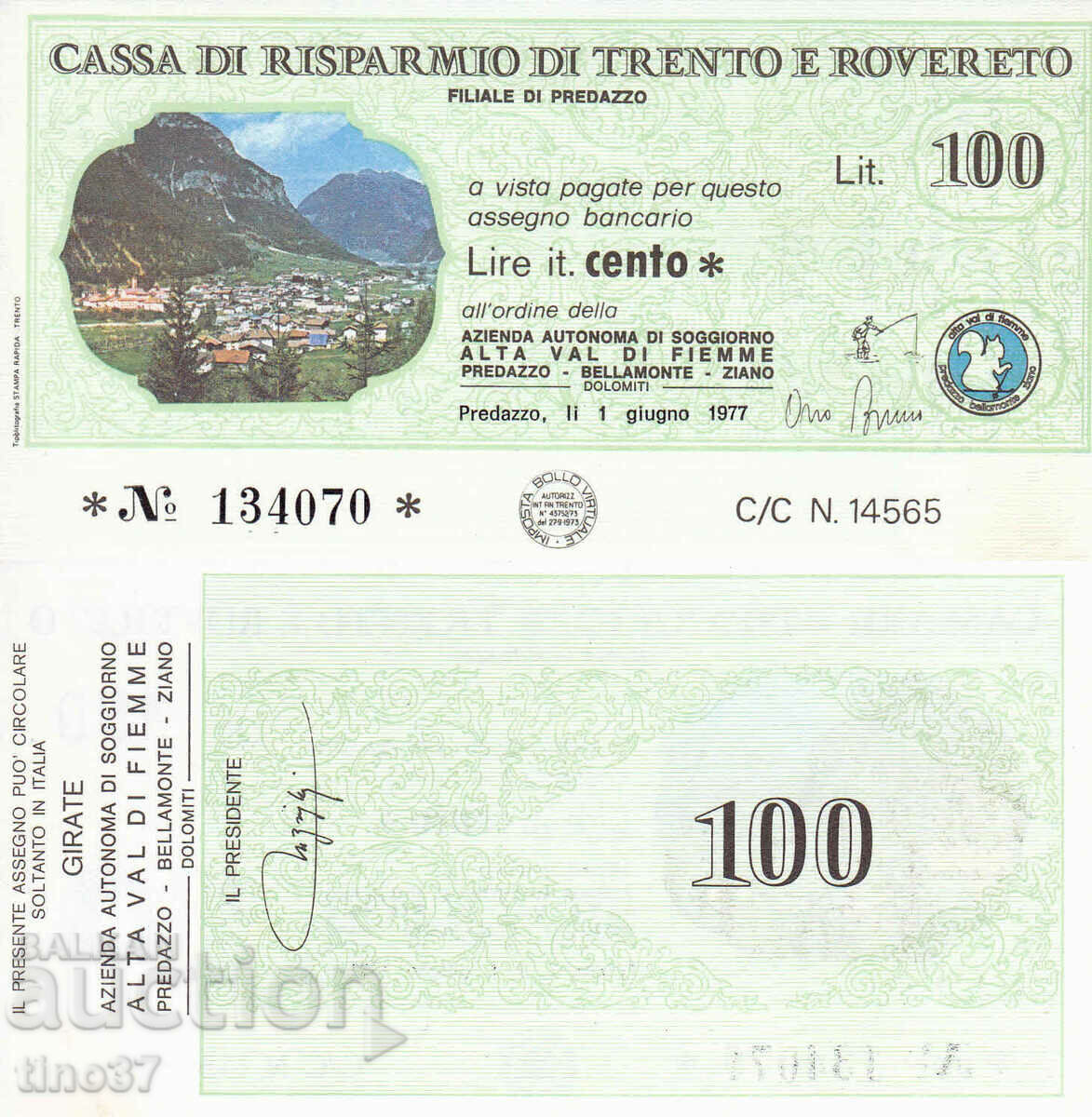tino37- ITALY - CHECK /VOUCHER, COUPON/- 100 LIRES - 1977- UNC