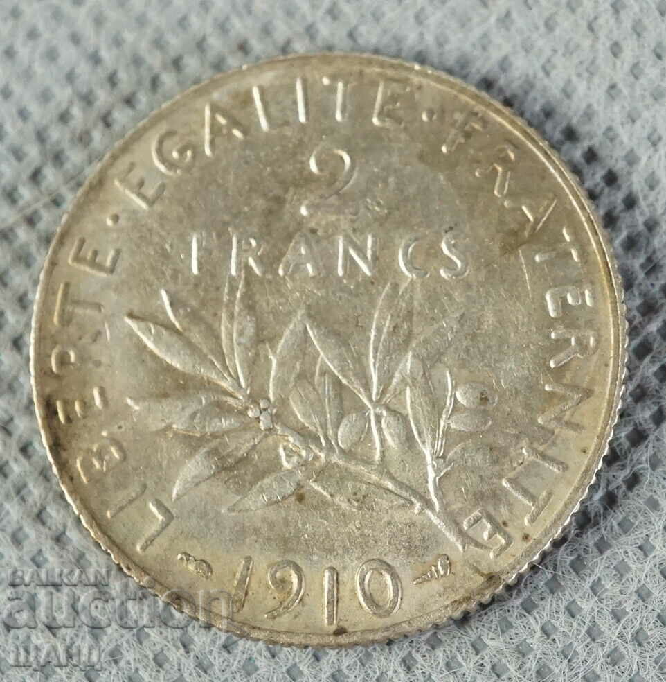Moneda de argint de 2 franci din Franța din 1910