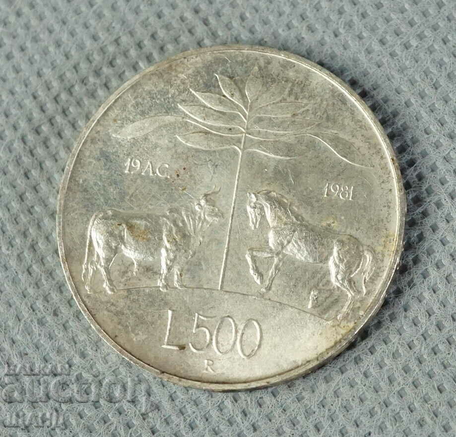Moneda de argint de 500 de lire din Italia din 1981