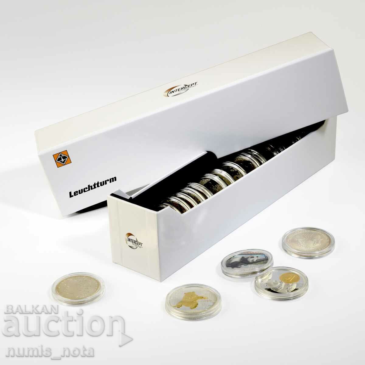 Auction box for 25 coins 38-41 mm. INTERCEPT on the Leuchtturm Auction box for 25 coins 38-41 mm. INTERCEPT on the Leuchtturm