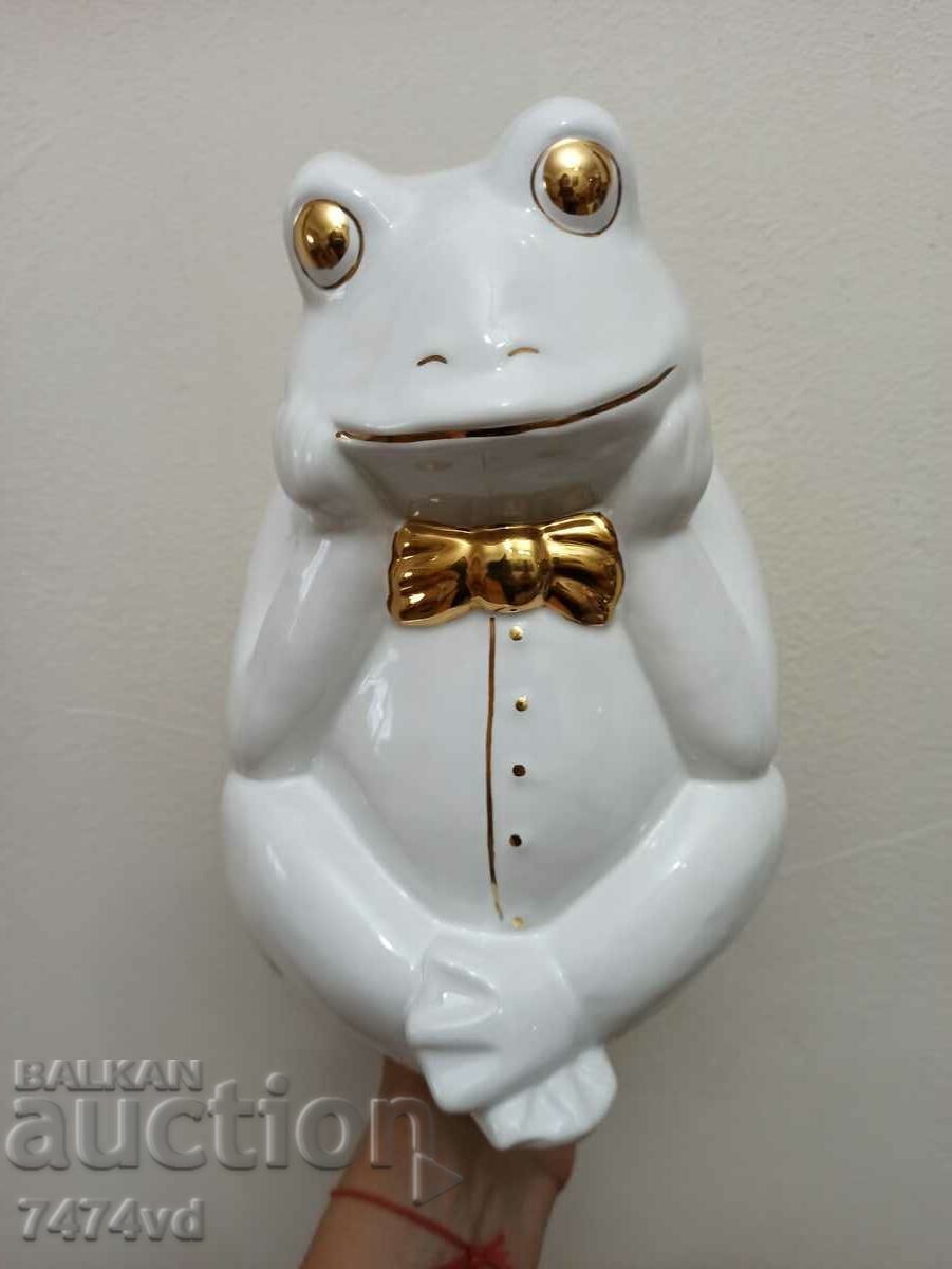 Tall porcelain sculpture of a frog with gilding